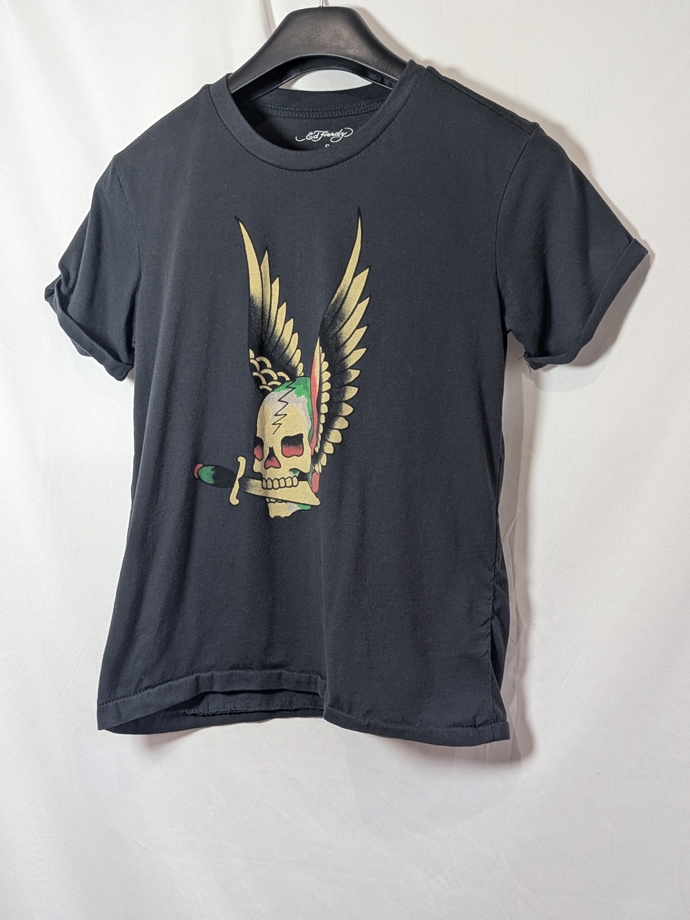 Ed Hardy Y2K Skull Wings Dagger Graphic Tee Size S Black Born Free